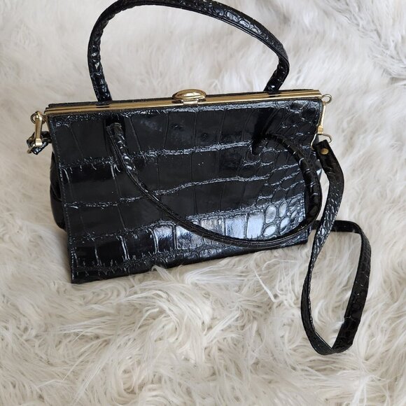 Vintage Croc Embossed Leather Satchel Top Handled Shoulder Crossbody Bag Gold - Picture 3 of 15